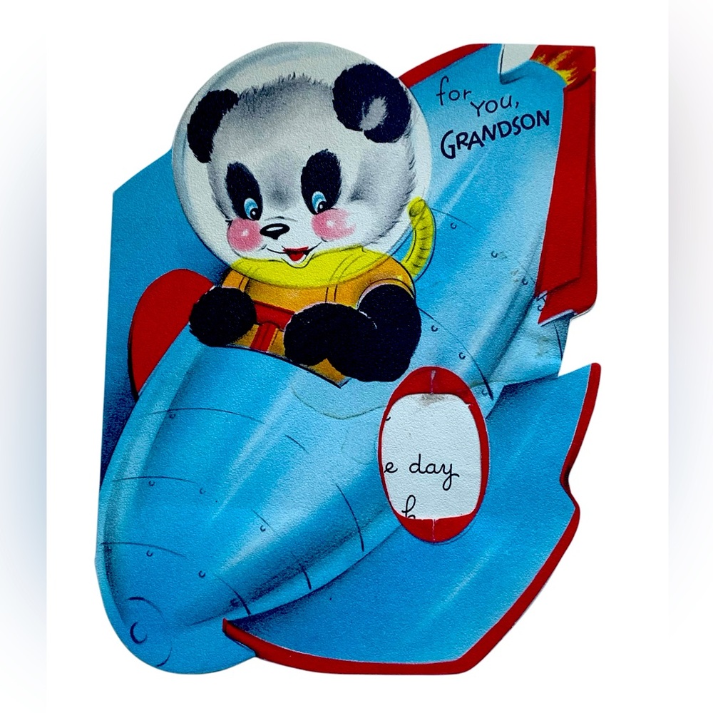 Vintage 1950’s Panda Spaceship Pilot Birthday  Card Grandson Paper Ephemera